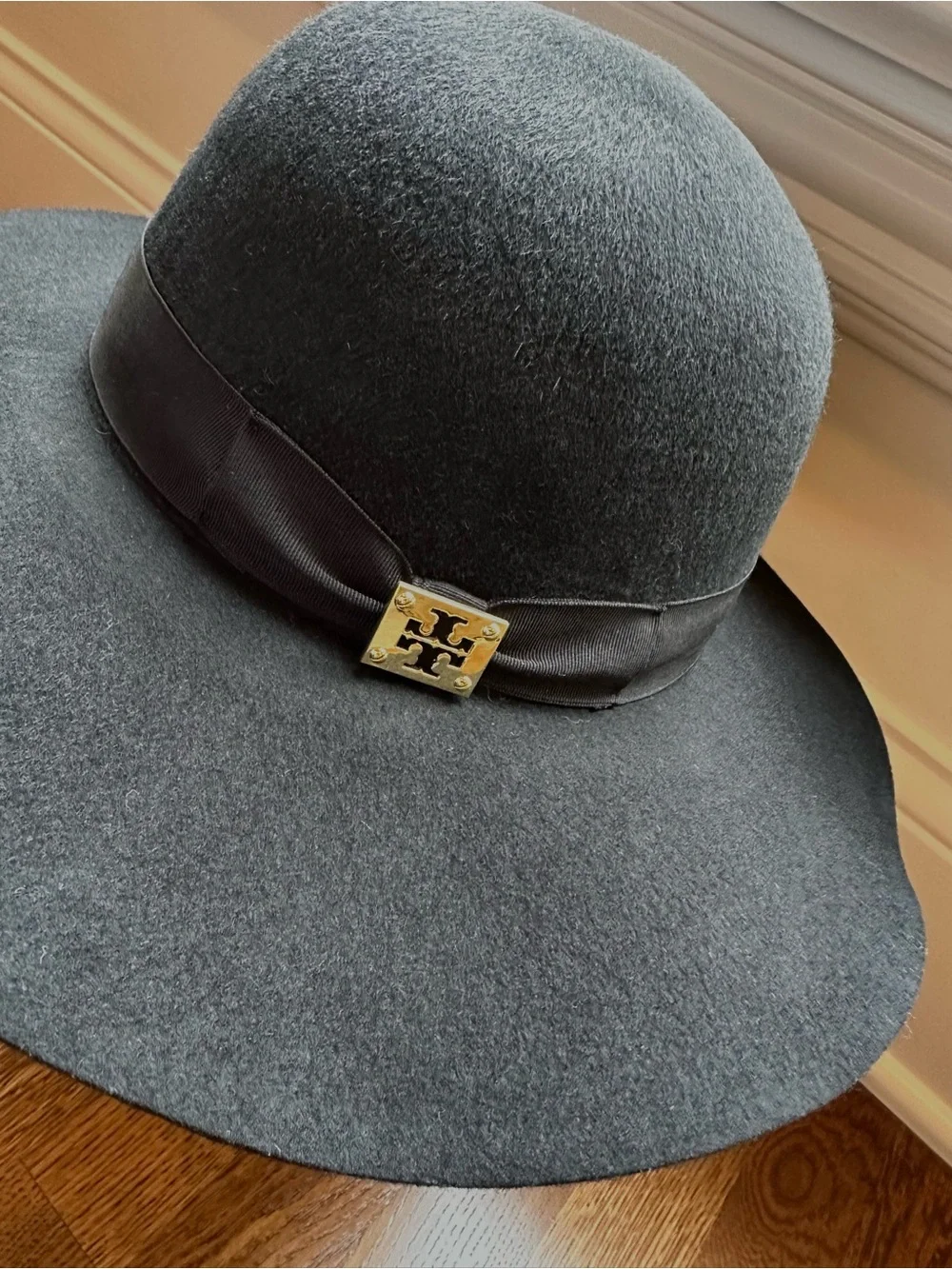 Tory Burch Black Felt Wide-Brim Hat with Gold Logo Accent